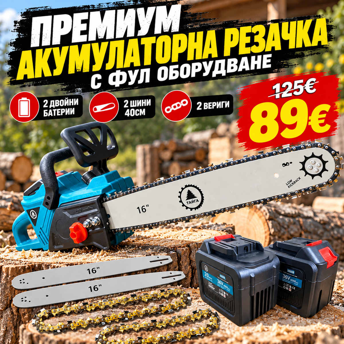 Премиум Акумулаторна Резачка 40см с Фул Оборудване - 2 Двойни Батерии , 2 Шини 40см , 2 Вериги и Дисплей