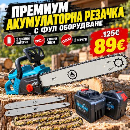 Премиум Акумулаторна Резачка 40см с Фул Оборудване - 2 Двойни Батерии , 2 Шини 40см , 2 Вериги и Дисплей